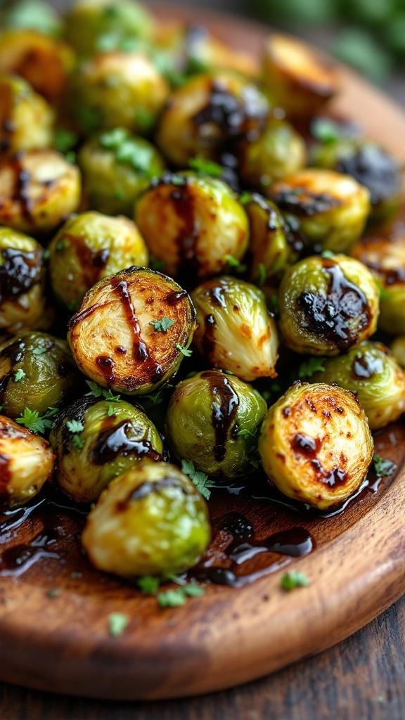 Crispy air-fried Brussels sprouts drizzled with balsamic glaze on a wooden plate.