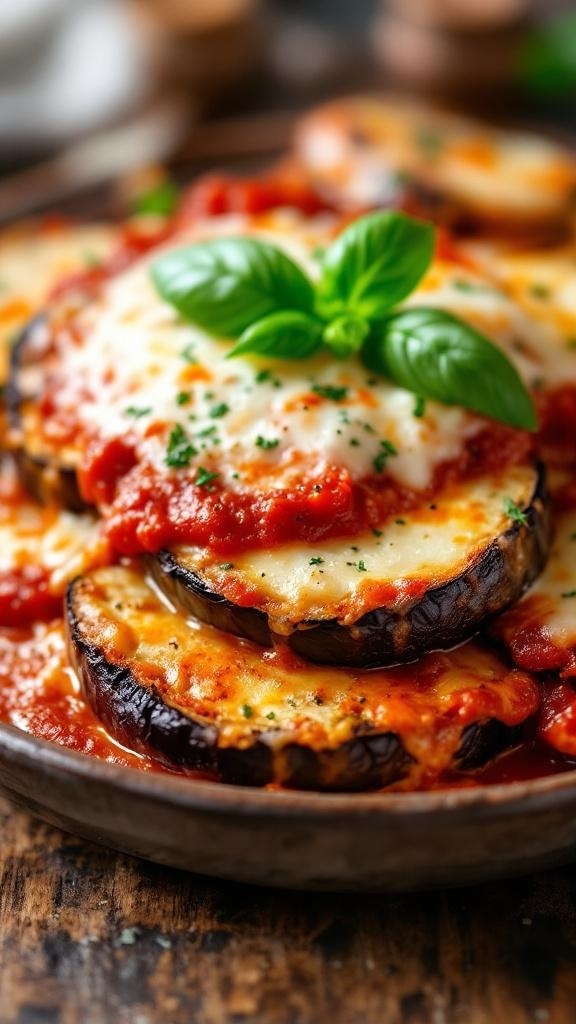 A plate of crispy baked eggplant parmesan topped with marinara sauce and fresh basil.