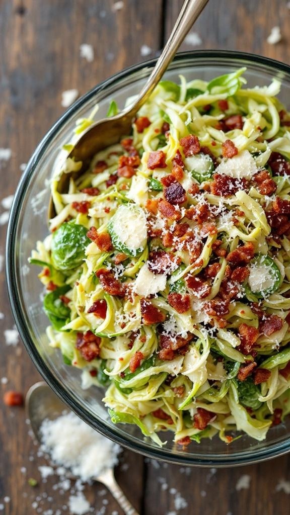 A bowl of Crispy Brussels Sprouts Salad with Bacon, topped with Parmesan cheese and garnished with walnuts.