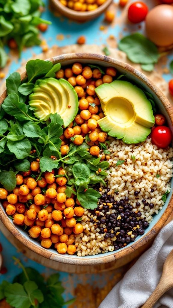 A colorful Buddha bowl featuring crispy chickpeas, spinach, avocado, and grains.