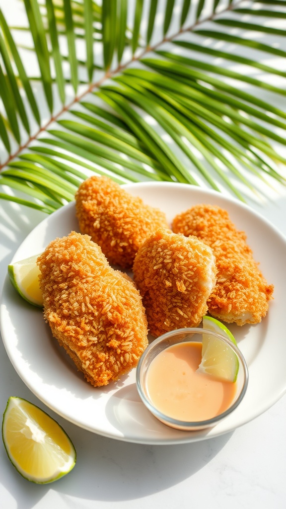Crispy coconut chicken breasts served with lime and dipping sauce