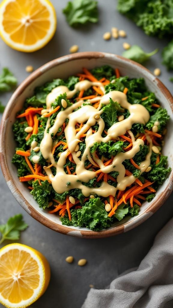 A bowl of crispy kale salad topped with shredded carrots and drizzled with lemon tahini dressing, surrounded by lemon slices and pine nuts.