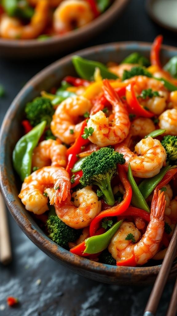 A bowl of crispy shrimp and veggie stir-fry with broccoli, bell peppers, and snap peas.