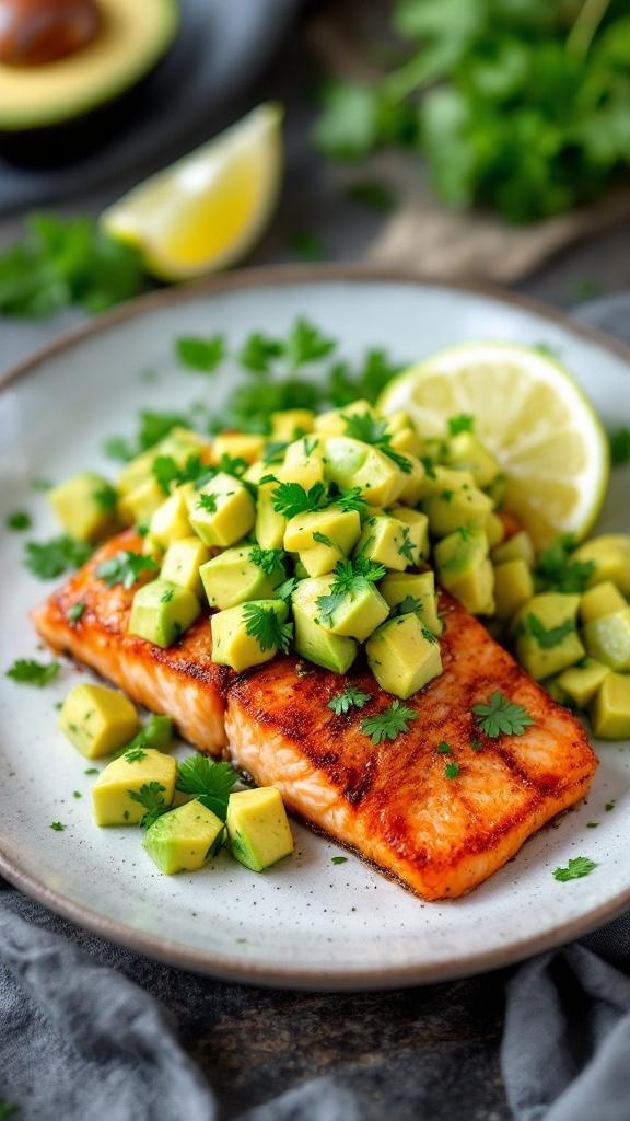 Crispy skin salmon topped with avocado salsa on a plate