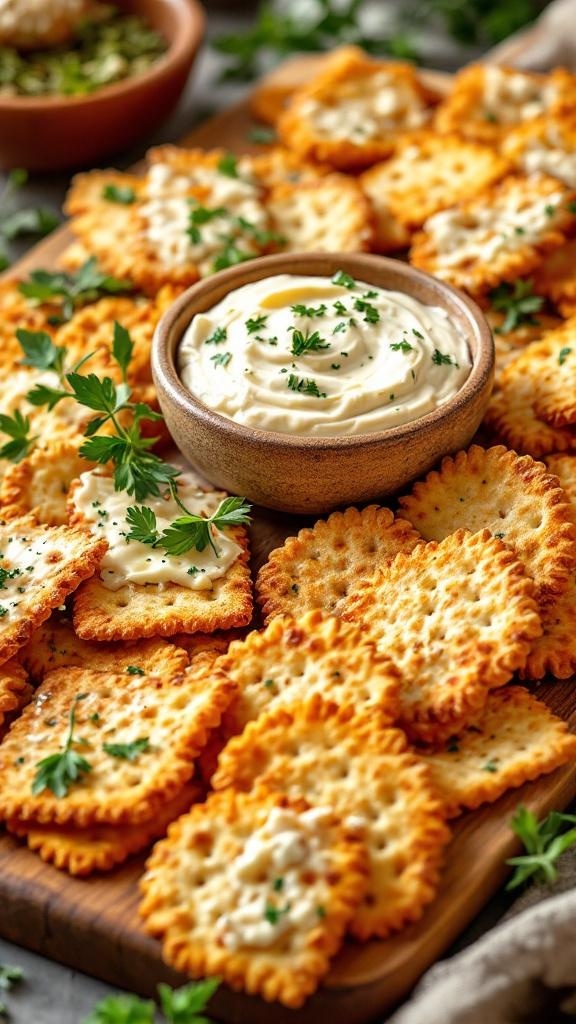 A plate of crispy sourdough crackers with a bowl of creamy dip, garnished with herbs.