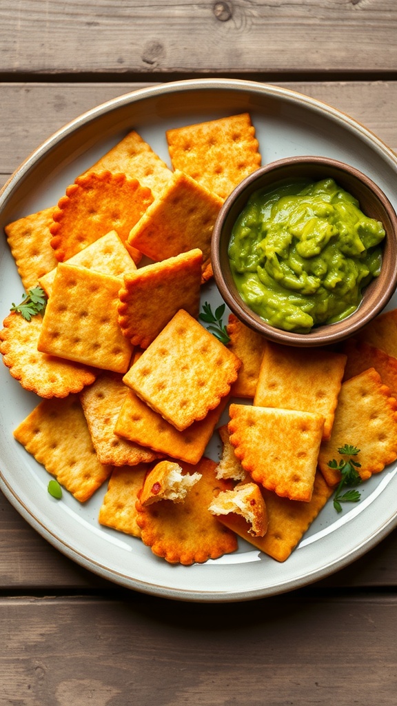 A plate of crunchy almond flour crackers served with guacamole.