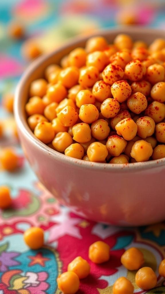 A bowl of spicy roasted chickpeas on a colorful background.