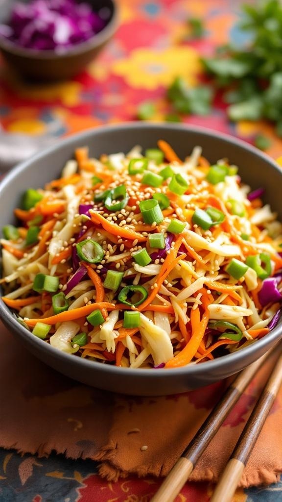A bowl of colorful crunchy Asian slaw with sesame dressing, garnished with green onions and sesame seeds.