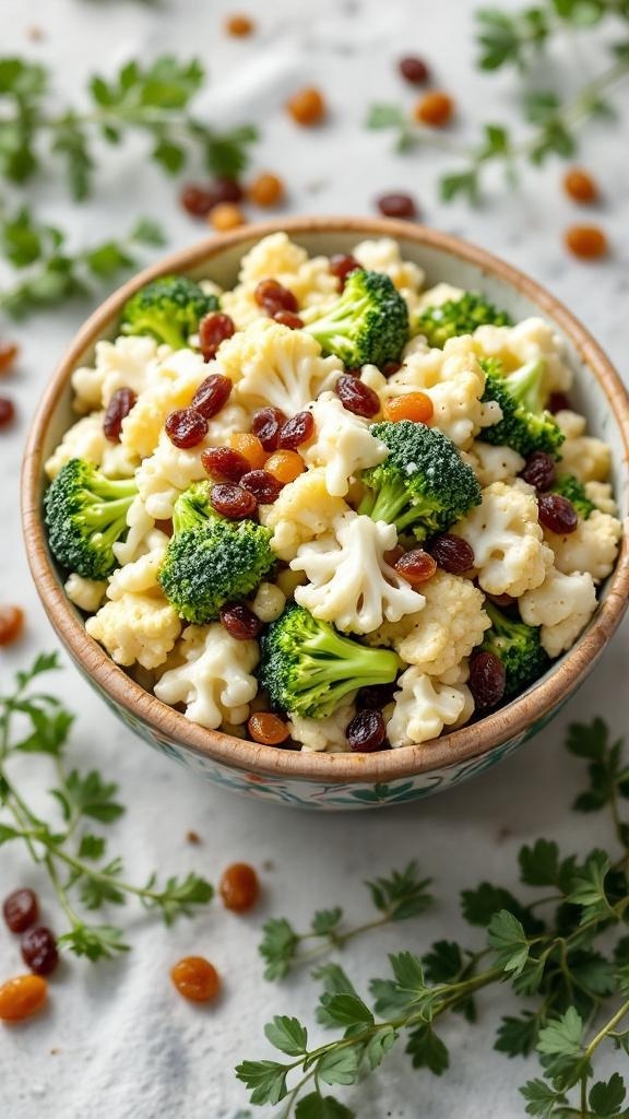 A bowl of crunchy broccoli and cauliflower salad with raisins, garnished with fresh herbs.