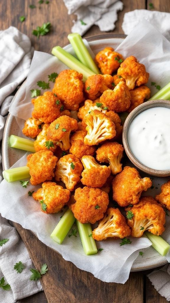 A plate of crunchy cauliflower buffalo bites served with celery sticks and a bowl of ranch dressing.