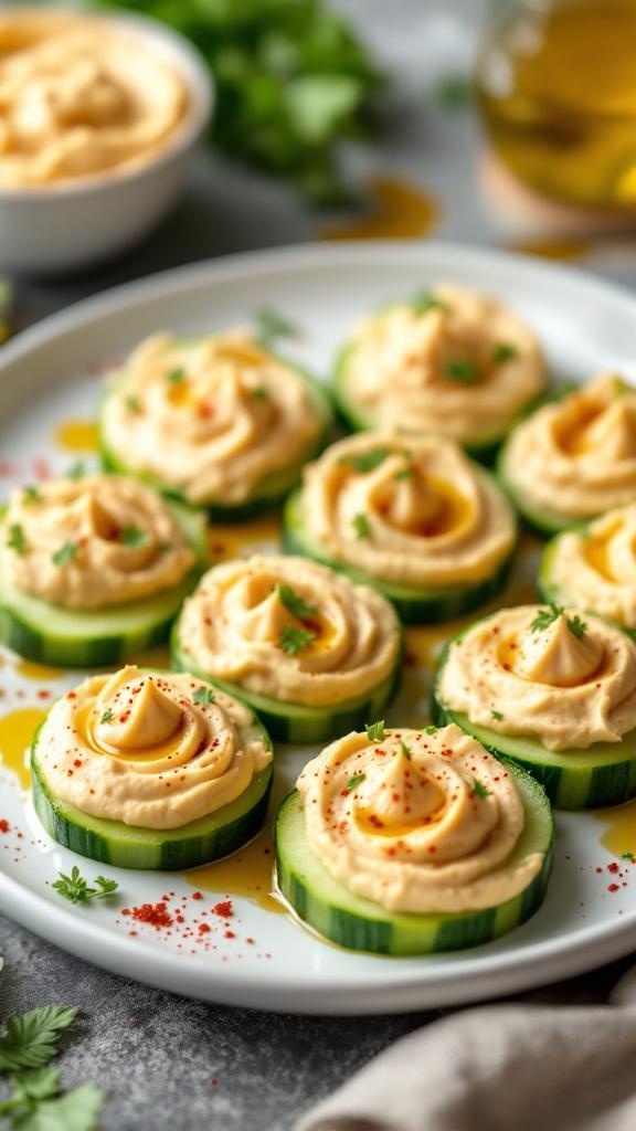Plate of cucumber slices topped with hummus, garnished with paprika and parsley.