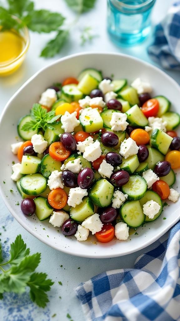 A vibrant cucumber and feta salad with cherry tomatoes and olives, served in a bowl.