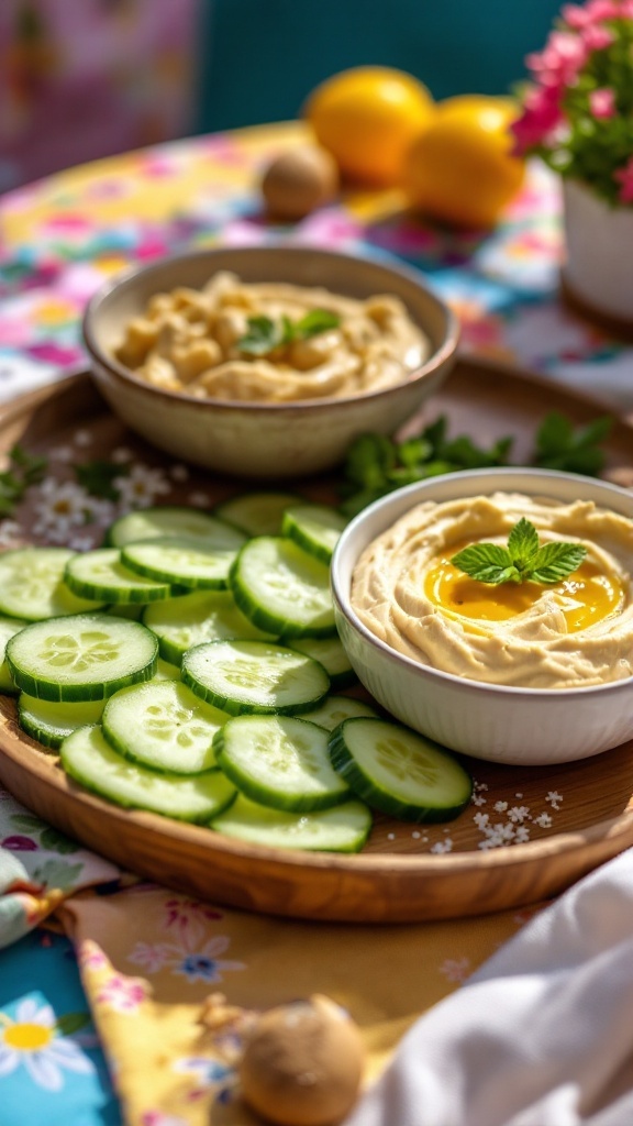 A colorful platter featuring sliced cucumbers and hummus, garnished with herbs and spices.