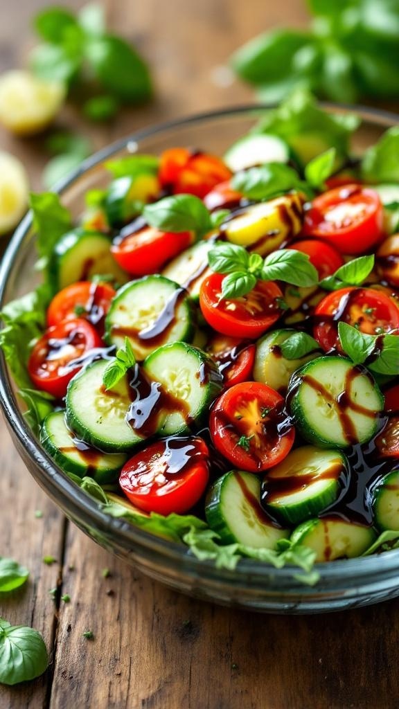 A fresh cucumber and tomato salad topped with balsamic glaze and basil.