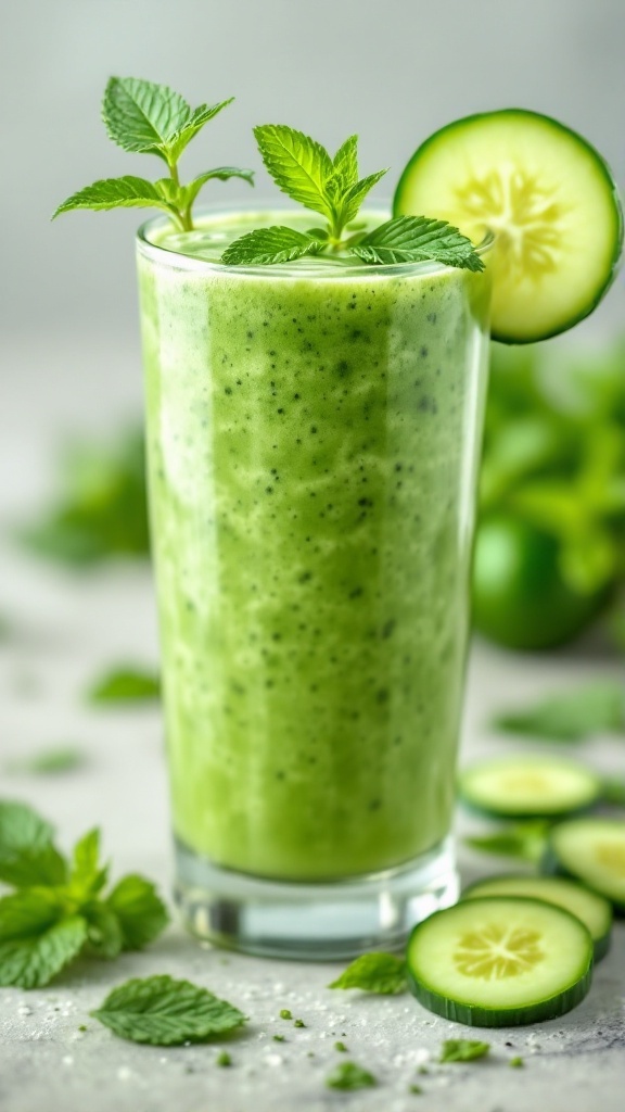 A refreshing green smoothie made with cucumber and mint showcased in a tall glass.