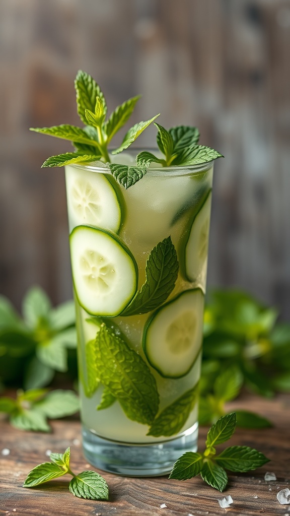 A refreshing cucumber mint cooler drink with cucumber slices and mint leaves.