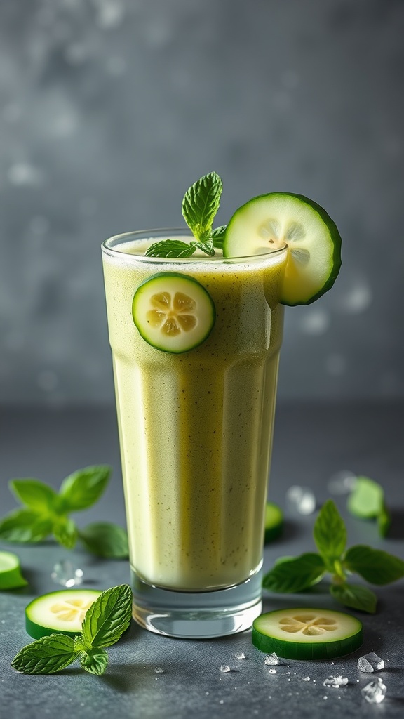 A refreshing cucumber mint detox smoothie in a tall glass with mint leaves and cucumber slices.