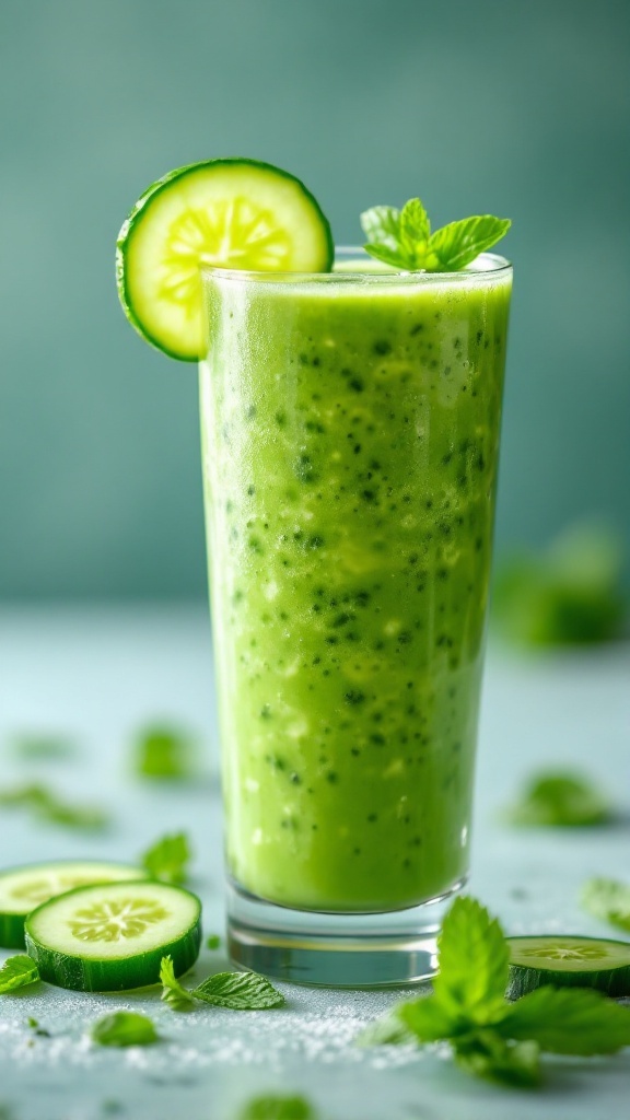 A refreshing green smoothie in a glass with cucumber and mint garnish