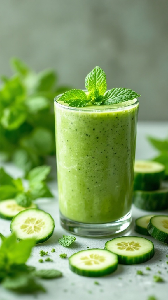 A refreshing cucumber mint smoothie in a glass, garnished with mint leaves.