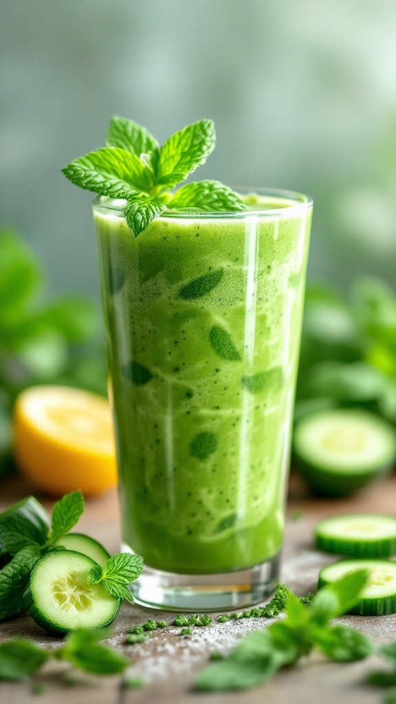 A refreshing cucumber mint smoothie with a sprig of mint on top.
