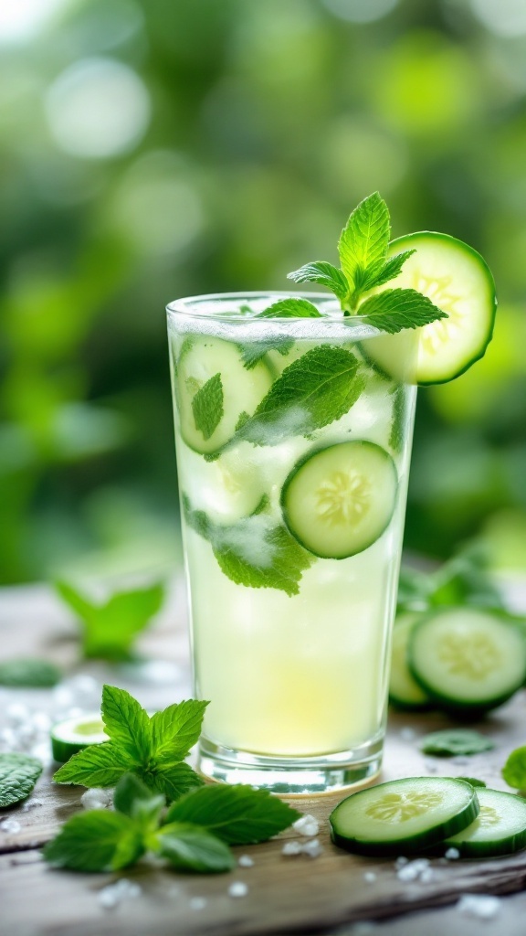 Cucumber Mint Refresher Smoothie in a glass with mint leaves and cucumber slices.