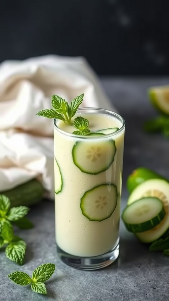 A refreshing cucumber mint smoothie in a glass with mint leaves and cucumber slices.