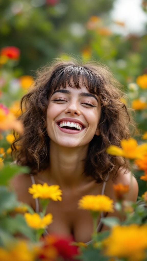 A woman with curly bangs smiling in a field of colorful flowers.