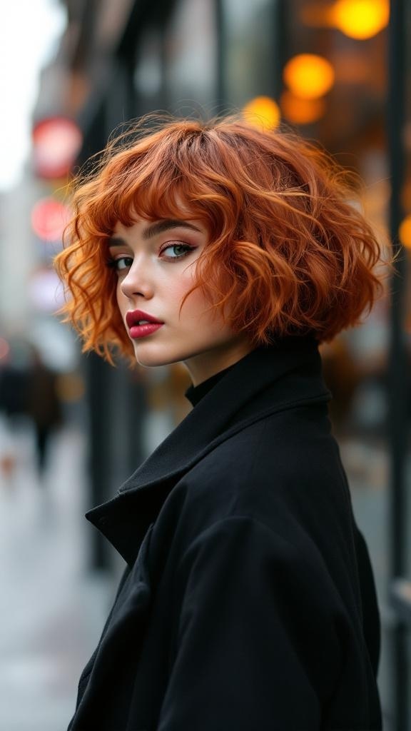 A woman with a curly bob cut and vibrant orange hair, wearing a black coat, looking stylish in an urban setting.