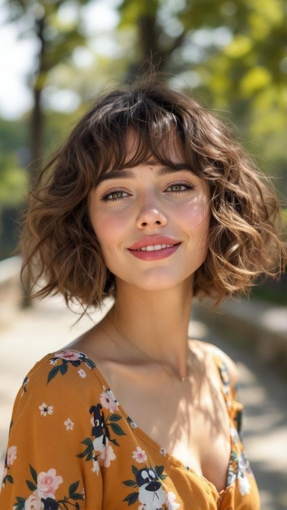 A woman with a curly bob hairstyle and bangs, smiling outdoors.