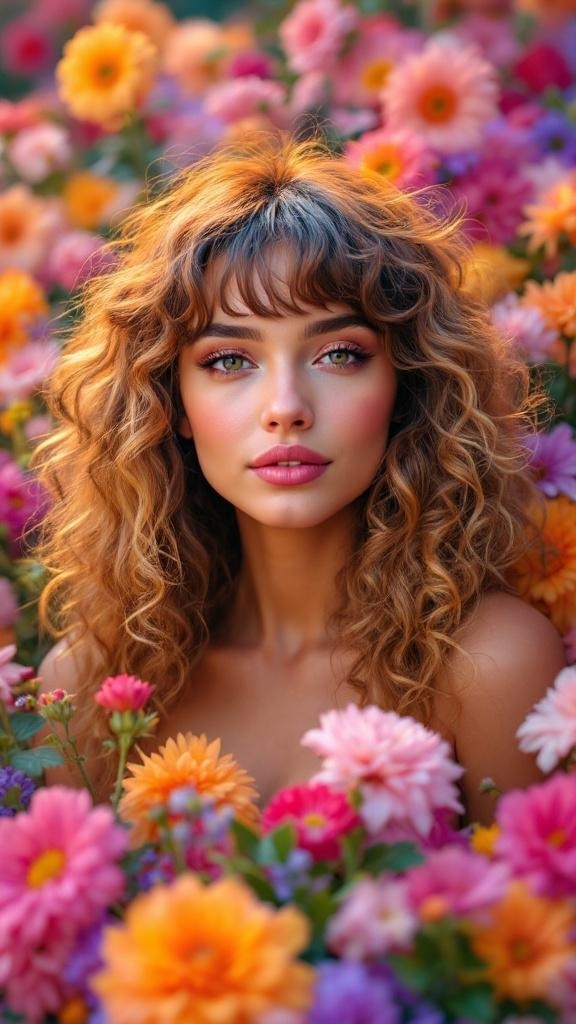 A model with curly curtain bangs surrounded by colorful flowers.