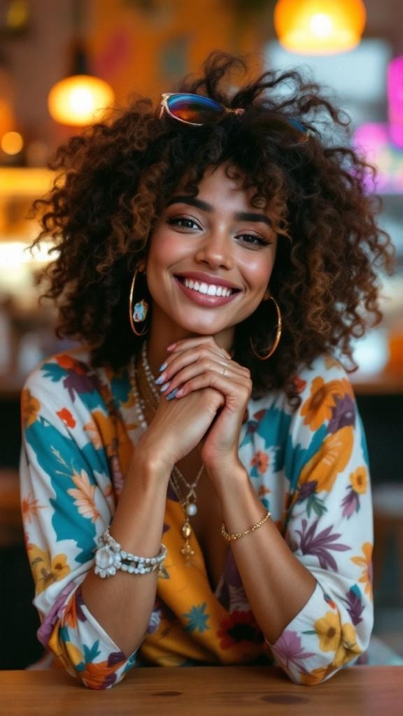 A woman with curly hair smiling, wearing colorful accessories and a floral outfit.