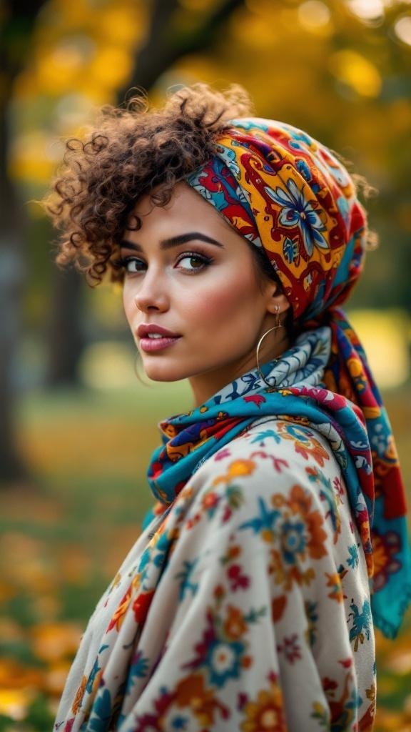 A woman with curly hair wearing a colorful headscarf, surrounded by autumn foliage.