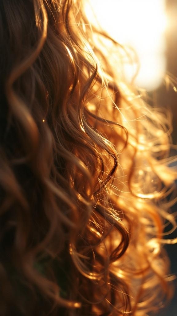 Close-up of curly hair with highlights, glowing in sunlight