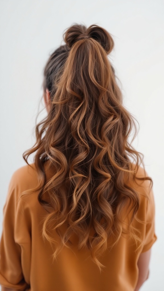 A woman with a curly high ponytail, showcasing bouncy curls and a stylish look.