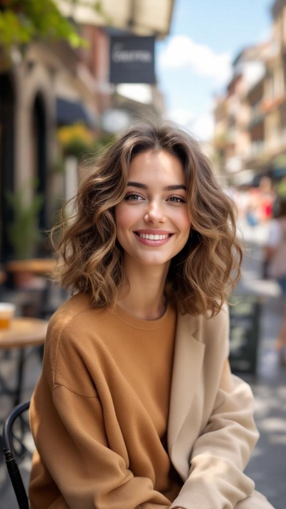 A woman with a curly lob hairstyle and soft waves, smiling outdoors.