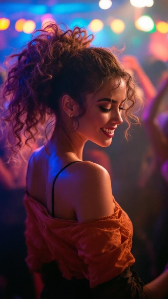 A woman with a curly ponytail and volume, enjoying a lively atmosphere with colorful lights in the background.