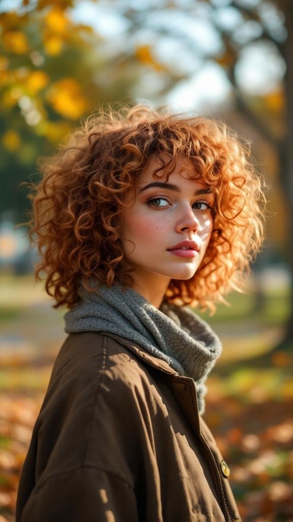 A woman with curly shag cut hairstyle, showcasing bouncy curls and layers.