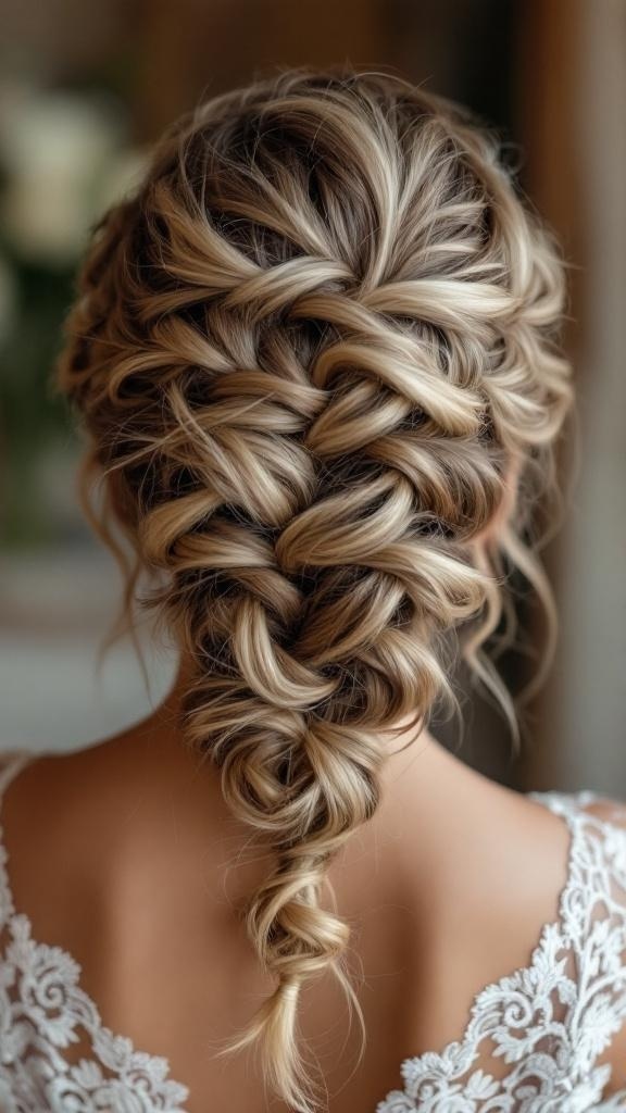 A beautiful curly updo with braids, showcasing intricate styling and soft curls.