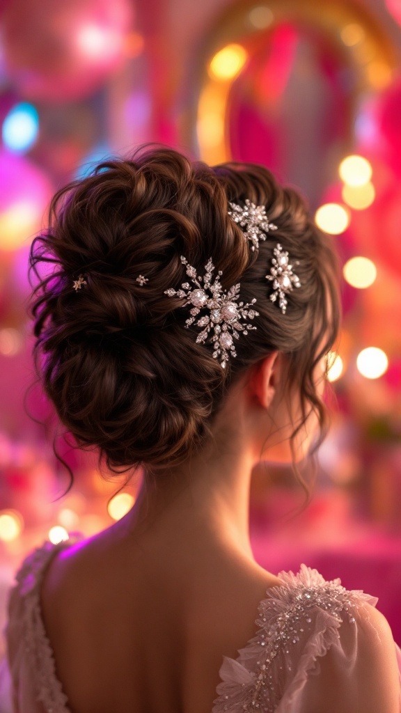 A beautiful curly updo adorned with sparkling pins, showcasing an elegant hairstyle for a birthday celebration.