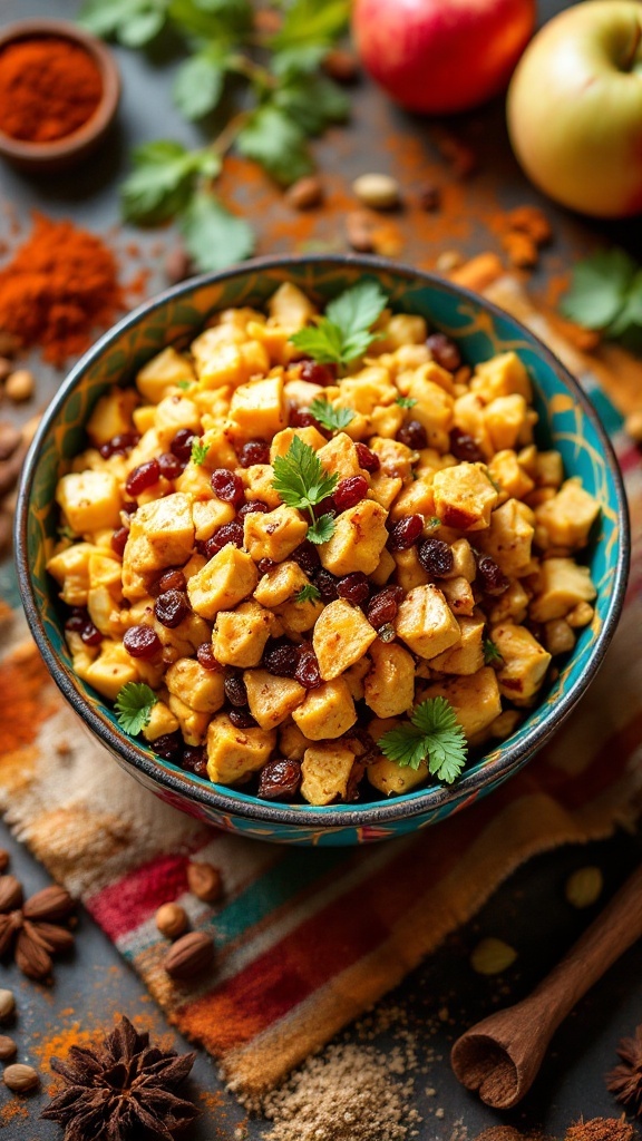 A colorful bowl of curried chicken salad with apples and raisins, garnished with fresh herbs.