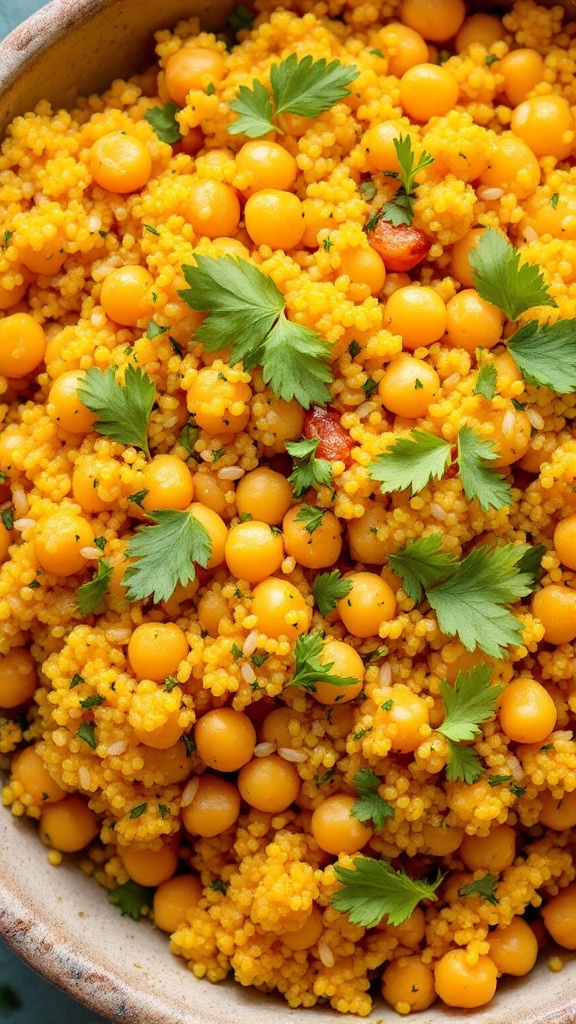 A bowl of curried quinoa mixed with chickpeas and garnished with fresh herbs.