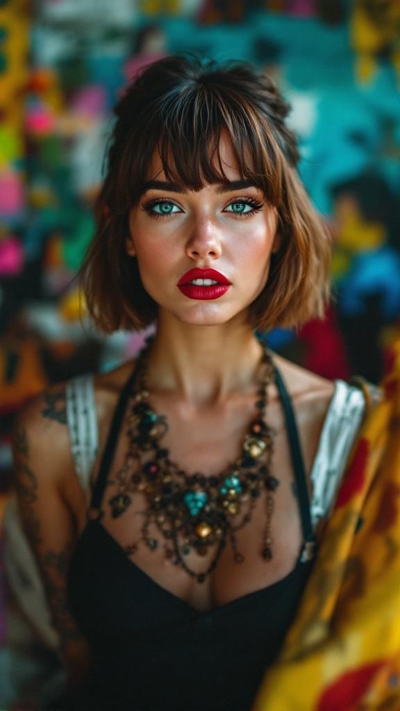 A woman with short hair and curtain bangs, wearing bold red lipstick and a statement necklace, set against a colorful backdrop.