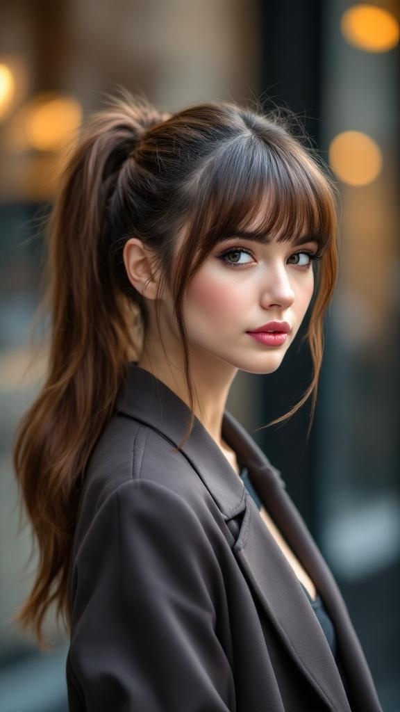 A young woman with curtain bangs styled in a sleek ponytail, wearing a beige sweater.