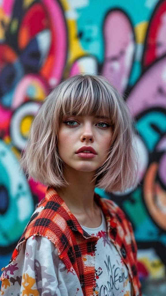 A young woman with curtain bangs and an edgy shag cut, standing in front of colorful graffiti.