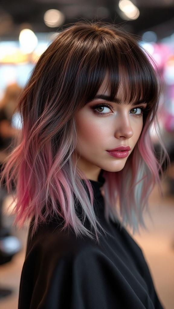 A woman with long curtain bangs and bold pink and blue highlights, showcasing a stylish hairstyle.