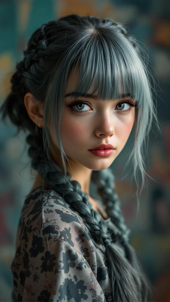 A model with curtain bangs and braided hair accents, showcasing a stylish and playful hairstyle.