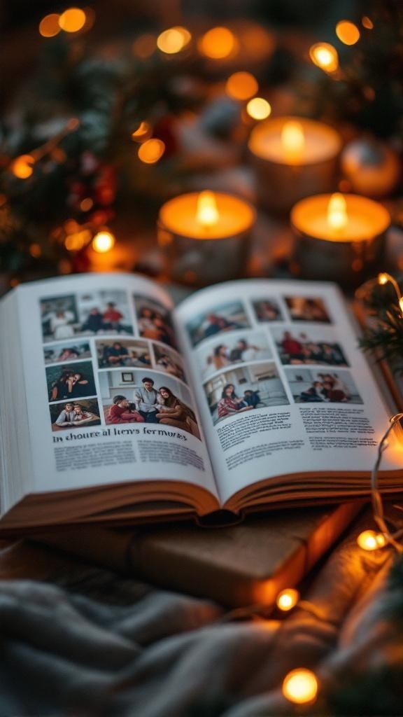 An open custom photo book surrounded by candles and holiday decorations, showcasing memories.