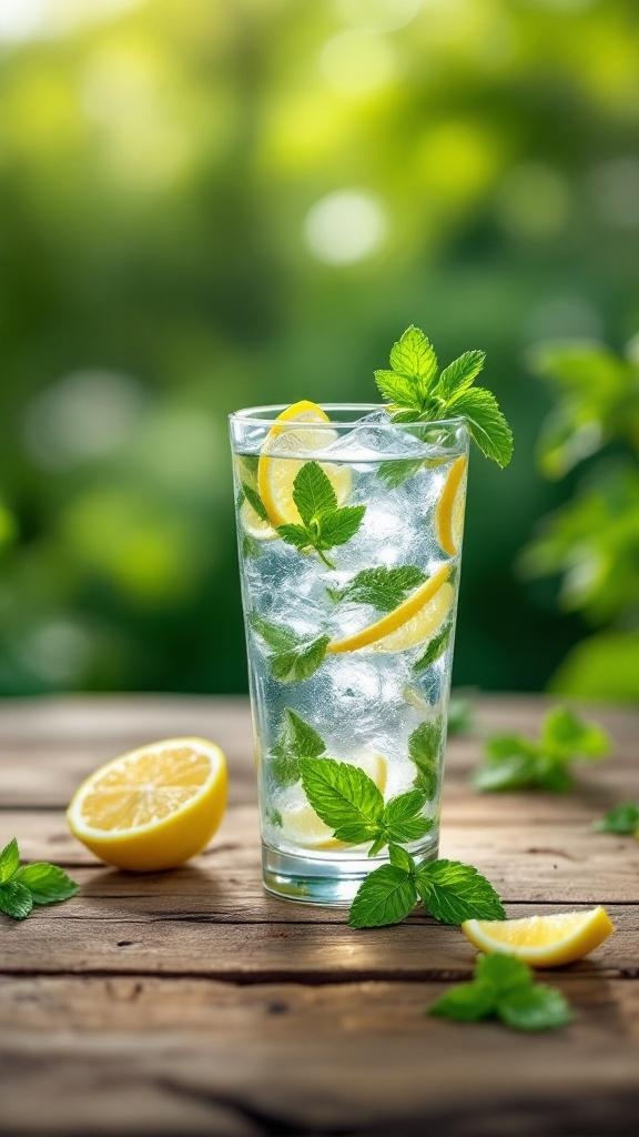A refreshing glass of water with lemon slices and mint leaves on a wooden table.