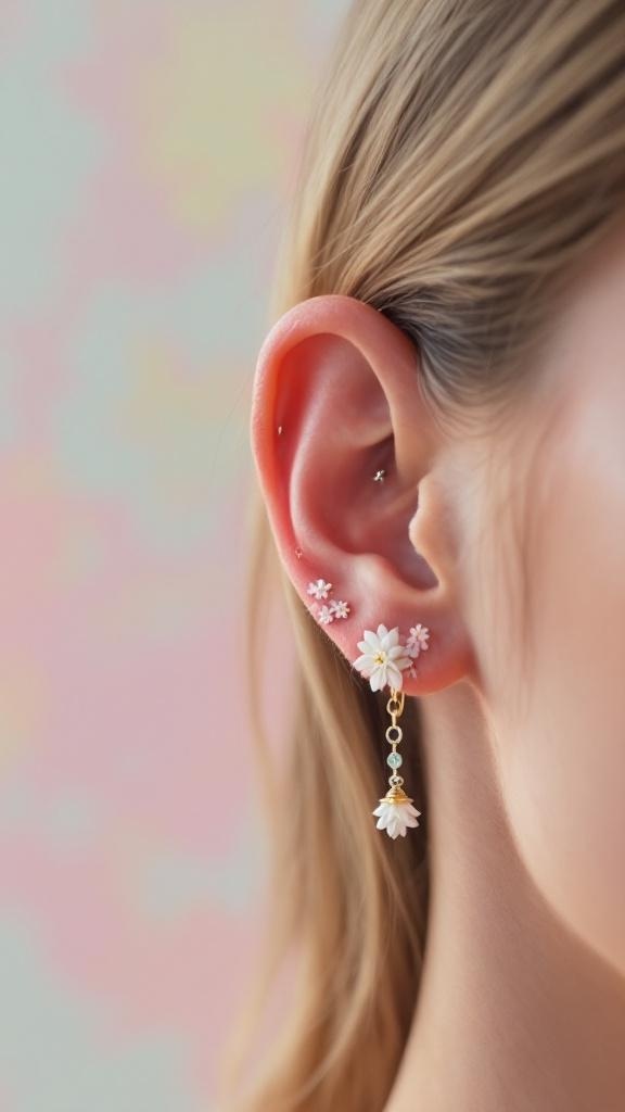 Close-up of a daith piercing featuring floral designs and a dangling charm.