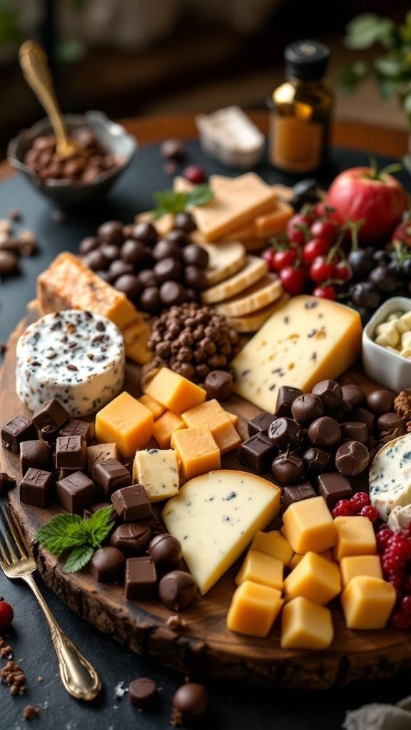 A beautifully arranged charcuterie board featuring various cheeses and chocolates.